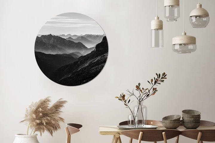 MuchoWow Wandbild Rund Wanddeko Deko Wohnzimmer Bilder 90x90 cm Berge - Natur - Nebel, 90x90 cm
