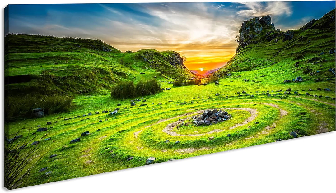 Steinkreise in Schottland Panorama 60x30 cm als Leinwandbild, Motiv fertig gerahmt auf Echtholzrahme