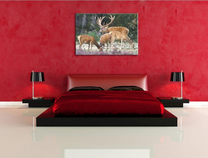 Hirschfamilie auf Waldlichtung NewArt Format: 100x70 cm auf Leinwand, XXL riesige Bilder fertig gera