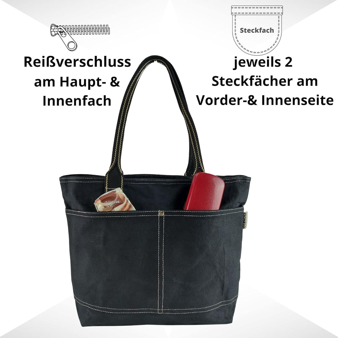 Domelo Damen Handtasche/Shopper. Vegane Schultertasche aus Canvas. Grosse schlichte Tote Tasche aus