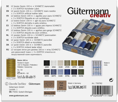 Gütermann Creativ Denim-Box mit 12 Spulen Profi-Jeansfaden Denim 100 m, 5 Jeans-Nähmaschinennadeln v