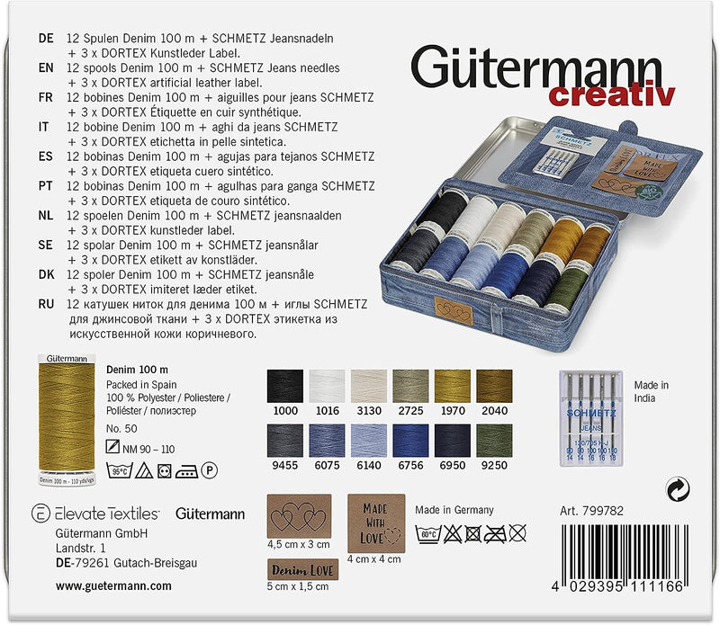 Gütermann Creativ Denim-Box mit 12 Spulen Profi-Jeansfaden Denim 100 m, 5 Jeans-Nähmaschinennadeln v