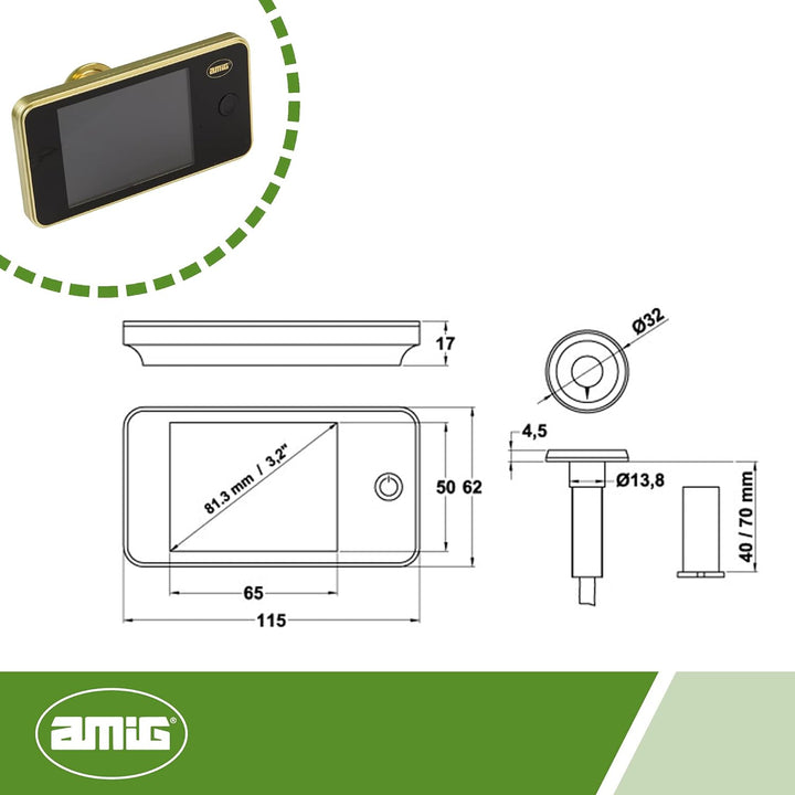 Amig - Digitaler Türspion mit 3,2'' LCD-Display DWR 3.2 HD | Video-Kamera-Spion | Einfache Installat