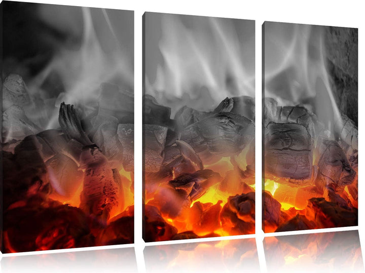 Pixxprint brennende Holzkohle in Kamin als Leinwandbild | Grösse: 3 Teilig (120x80) | Wandbild| Kuns