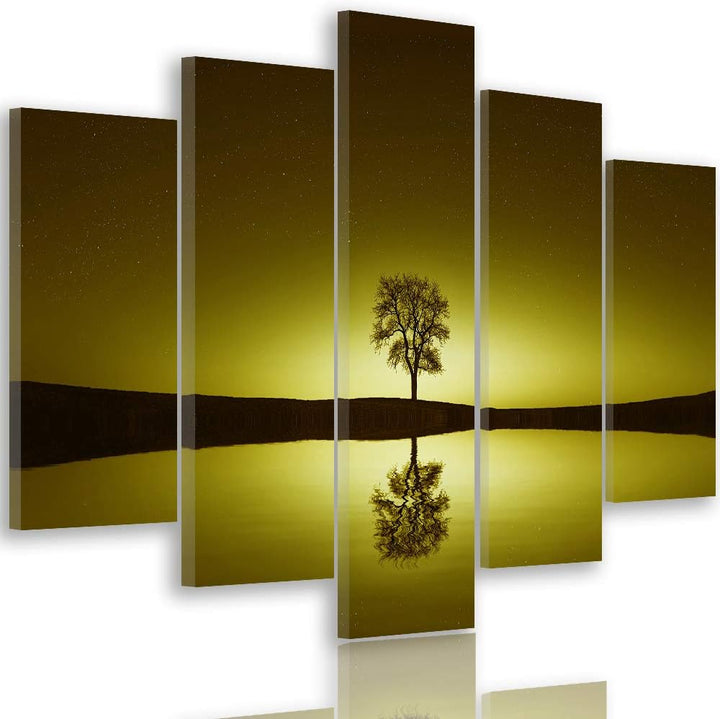 Feeby Bilder Baum 300x140 cm - Leinwandbild 5 Teilig XXL Kunstdruck Abstrakt Wasser gelb Leinwandbil