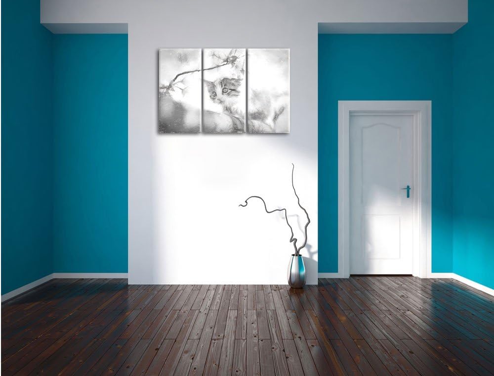 Pixxprint Süsses Kätzchen im Kirschbaum Kunst als Leinwandbild 3 teilig/Grösse: 3 Teilig (120x80) /