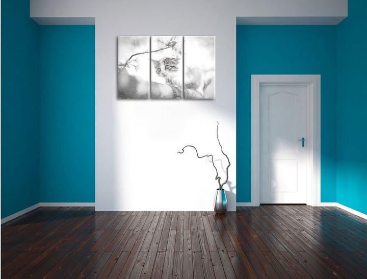 Pixxprint Süsses Kätzchen im Kirschbaum Kunst als Leinwandbild 3 teilig/Grösse: 3 Teilig (120x80) /