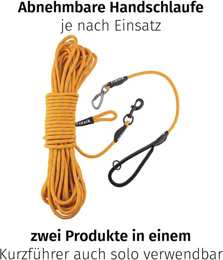 Floxik Schleppleine für Hunde | 5m, 10m, 15m, 20m orange | reflektierende Tauleine mit Abnehmbarer H