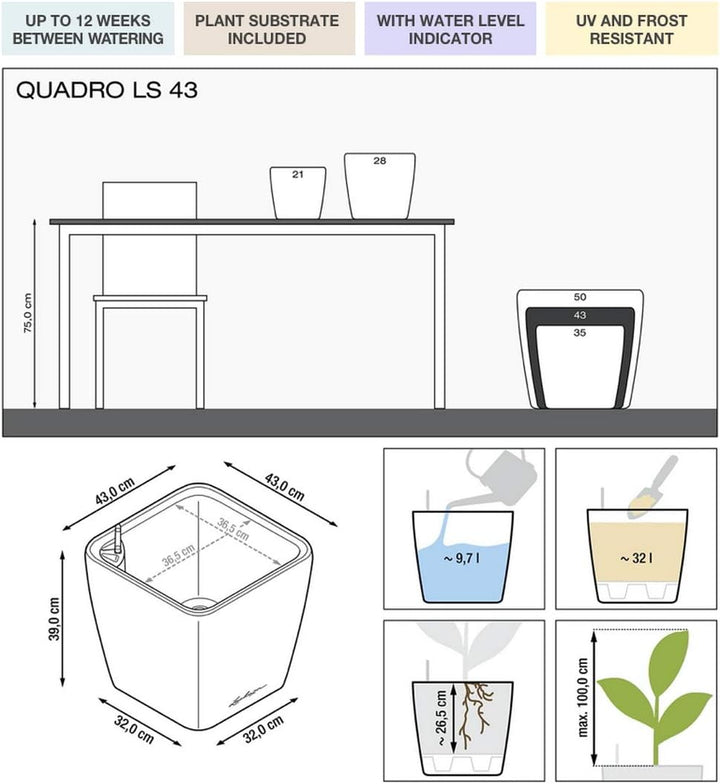 LECHUZA QUADRO Premium LS 43 anthrazit metallic 16183 43x43x40 cm Anthrazit Metallic, 43x43x40 cm An