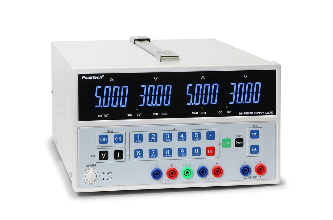 PeakTech 6075 - Linear geregeltes Netzgerät mit 2 Ausgängen & USB, Doppel Labornetzgerät 0-30V / 0-5