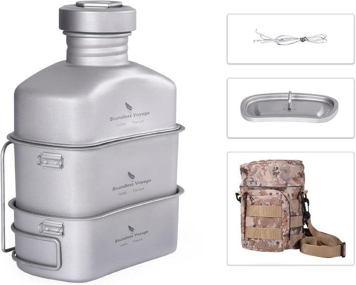 iBasingo Titan Militär Wasserflasche Camping Feldflasche 1100ml Trinkflasche 750ml 400ml Becher Kant