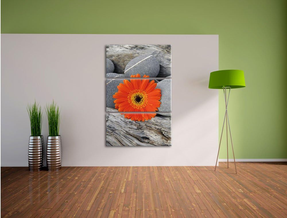 Pixxprint Gerbera zwischen Zen Steinen als Leinwandbild - Grösse: 3-Teilig (120x80cm) - Wandbild - K