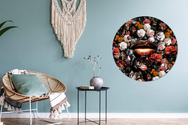 Wandbild Rund Wanddeko Deko Wohnzimmer Bilder 90x90 cm Lippen - Blumen - Farbe - Orange - Kunst - Ab