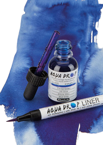 Schmincke - AQUA DROP, flüssige Aquarellfarbe, 5 x 30 ml lasierende Farbtöne + LINER mit Pinselspitz