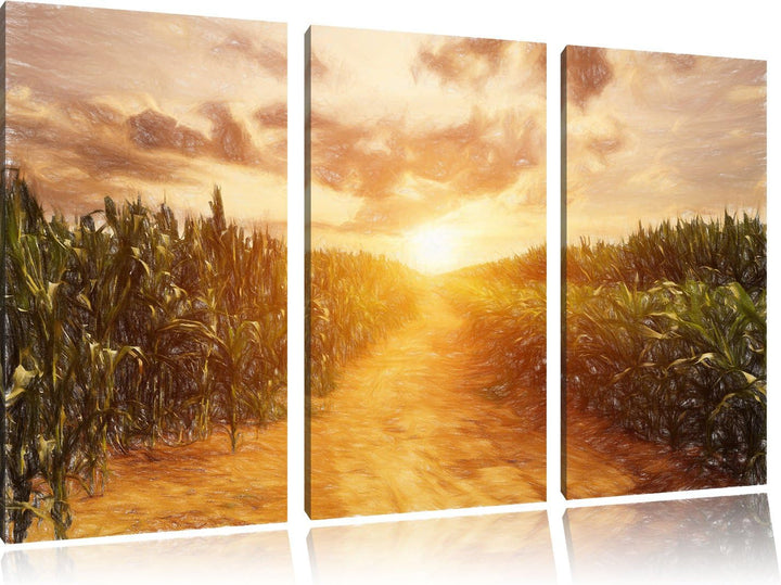 Pixxprint Pfad durch sonniges Feld Kunst Buntstift Effekt 3-Teiler Leinwandbild 120x80 Bild auf Lein