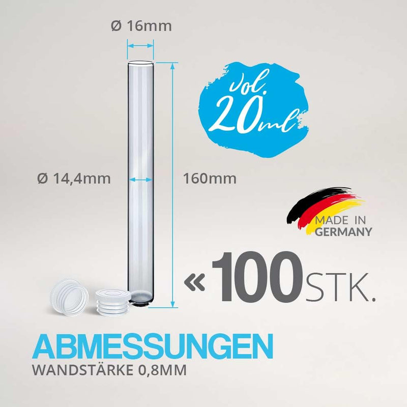 Tuuters 100 Stück Reagenzgläser aus Glas mit Verschluss (160 x Ø 16mm) Glasröhrchen mit Deckel für L
