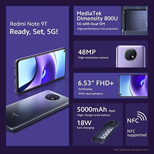 Xiaomi Redmi Note 9T - Smartphone 64GB, 4GB RAM, Dual SIM, Nightfall Black