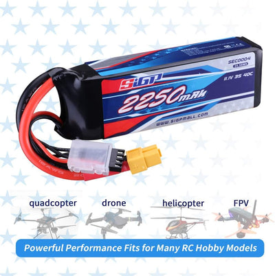 SIGP 2 Stück 11,1V 3S Lipo Akku 2250mAh 40C Soft Pack mit XT60 Stecker für RC Flugzeug Quadcopter He