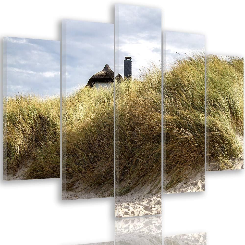 Feeby Leinwandbild 5 Teilig Landschaft Bild Wanddeko Strand Gras Himmel bunt 150x100 cm Leinwandbild