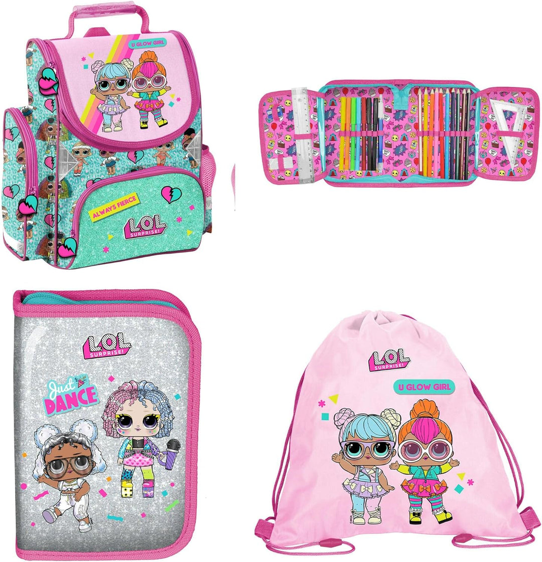 LOL Schulranzen Mädchen 1 Klasse Tornister Schulrucksack SET 3 tlg. L.O.L. für Grundschule ergonomis
