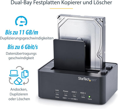 StarTech.com USB 3.0 Duplizier und Löschstation für 2.5" & 3.5" SATA SSD Festplatten - 1:1 Selbständ