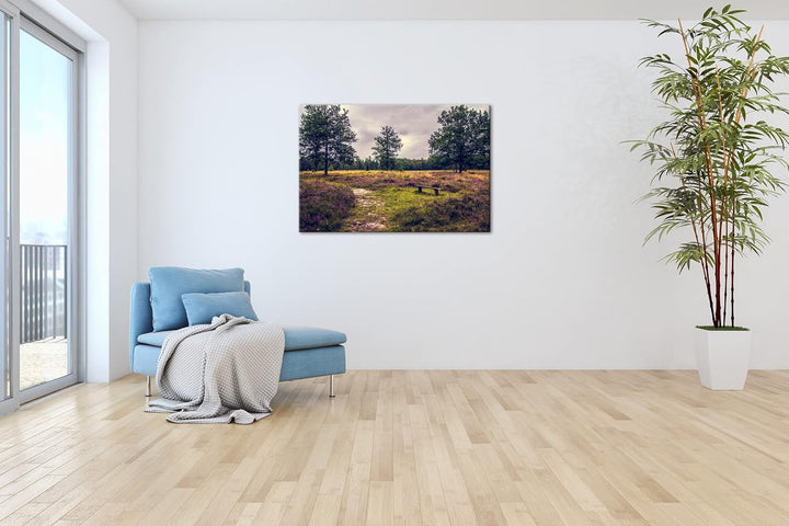 deyoli einsame Bank im Wald Format: 80x60 als Leinwand, Motiv fertig gerahmt auf Echtholzrahmen, Hoc