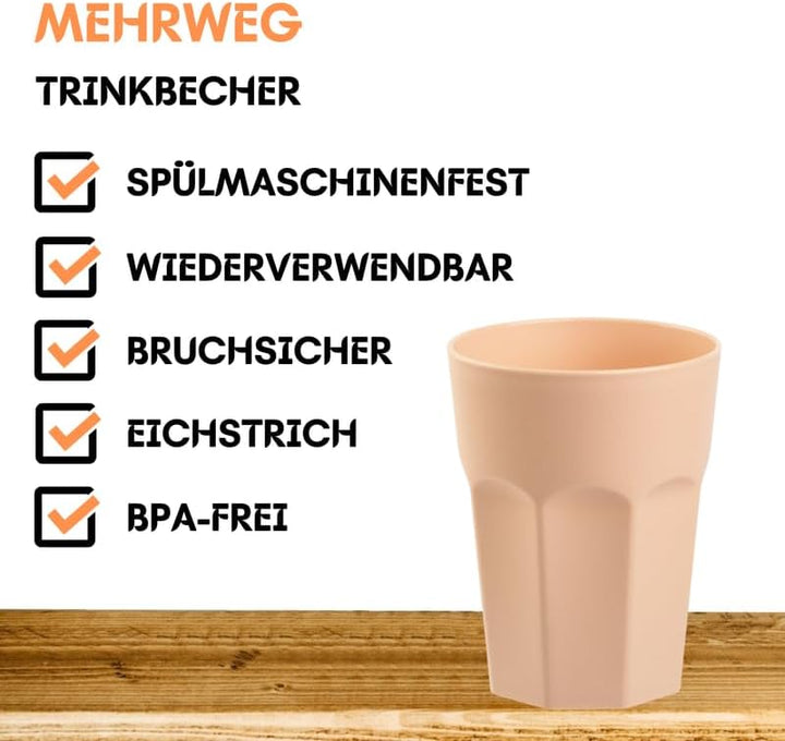 ENGELLAND - 20 x Plastikbecher, Trinkbecher, Apricot, Pastellfarben, 400 ml, Eichstrich, bruchfest,