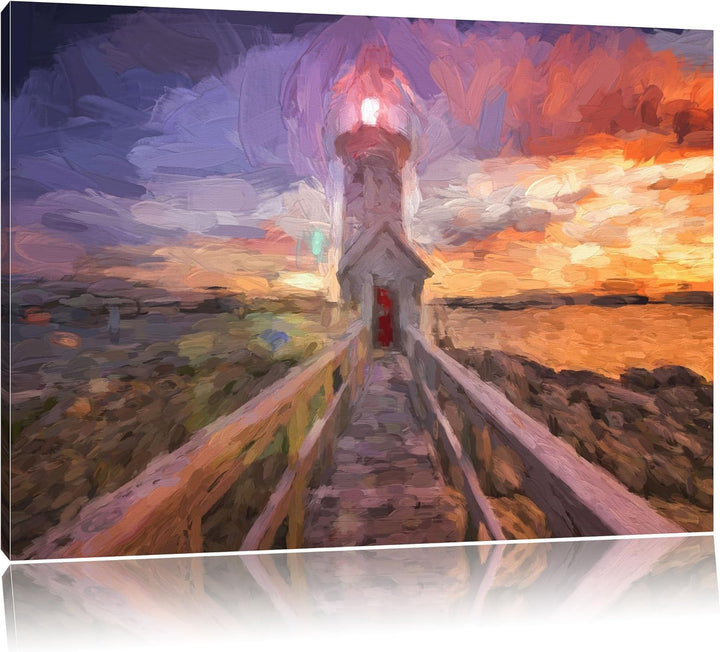 Pixxprint Leuchtturm bei Sonnenuntergang Pinsel Effekt, Format: 100x70 auf Leinwand, XXL riesige Bil