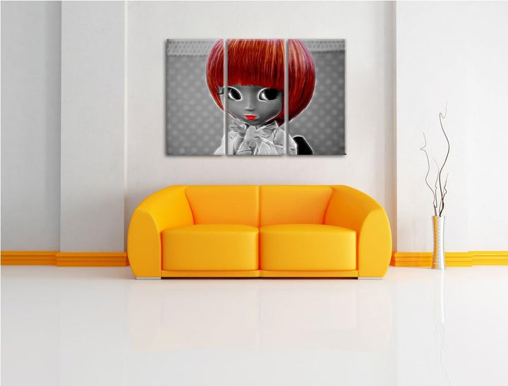 hübsche Puppe im traditionellen Kimono schwarz/weiss Spezial 3-Teiler Leinwandbild 120x80 Bild auf L