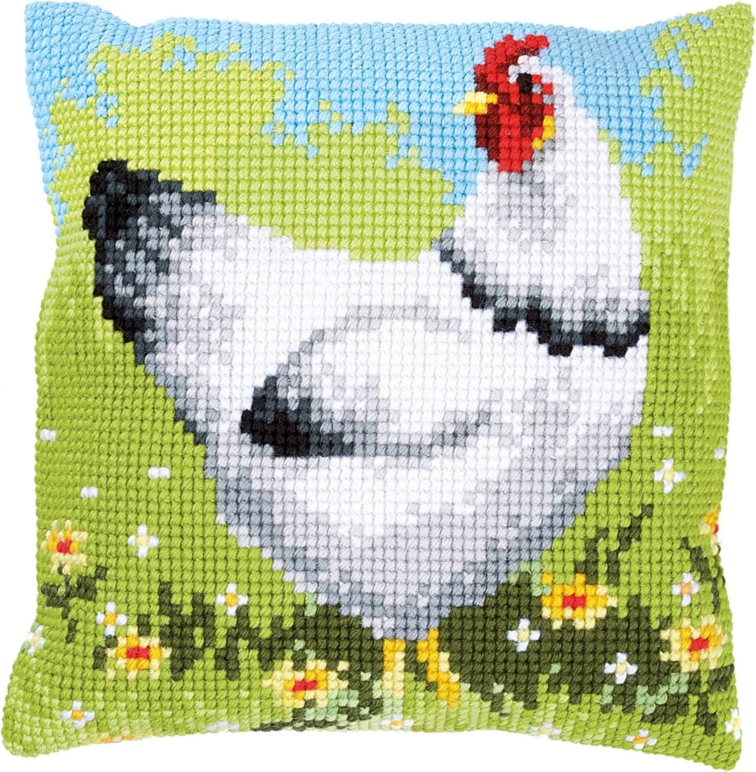 Vervaco PN-0157393 Huhn II Kreuzsichkissen vorbedruckt, Baumwolle, mehrfarbig, 40 x 40 cm