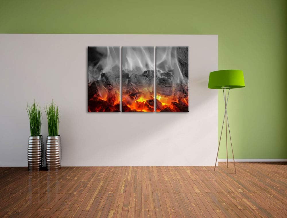 Pixxprint brennende Holzkohle in Kamin als Leinwandbild | Grösse: 3 Teilig (120x80) | Wandbild| Kuns