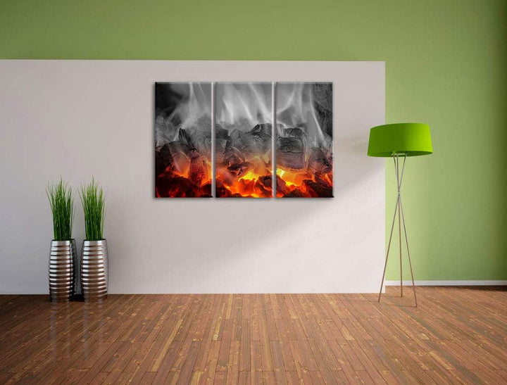 Pixxprint brennende Holzkohle in Kamin als Leinwandbild | Grösse: 3 Teilig (120x80) | Wandbild| Kuns