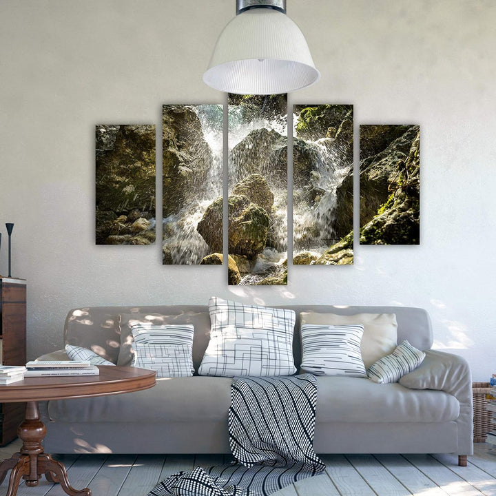 Feeby Wandbild XXL 5 Teilig Landschaft Leinwandbild Wasserfall Steine bunt 300x140 cm Leinwandbild 3