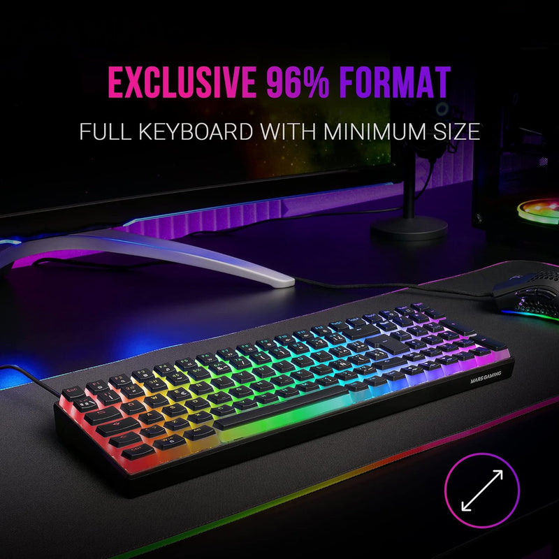 MARSGAMING MKULTRA, Mechanische Tastatur Schwarz RGB, Kompakt 96 prozent, Schalter Outemu SQ Blau, P