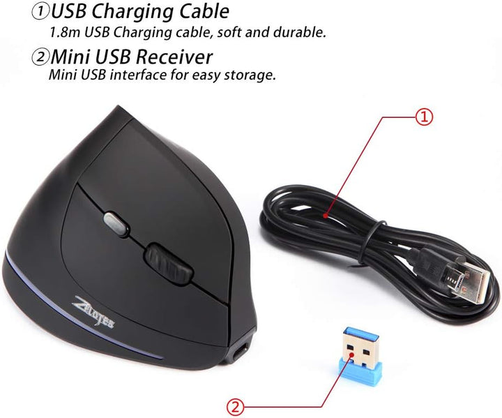 zelotes F35 Vertikale Maus, kabellos, Rechtshänder, 2,4 GHz, kabellos, ergonomisch, wiederaufladbar,