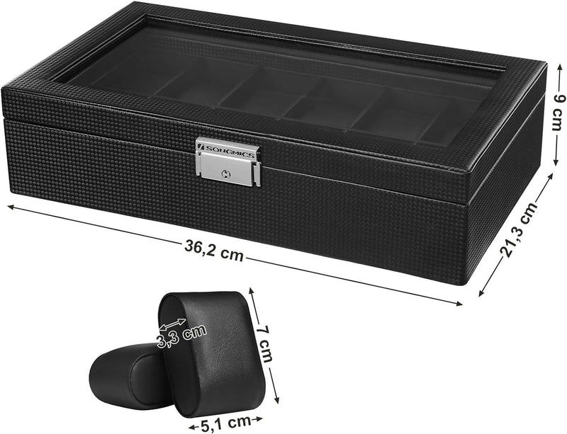 SONGMICS Uhrenbox mit 12 FÄchern, grosser Uhrenkasten mit Glasdeckel, mit PU-Bezug, Samt-Innenfutter