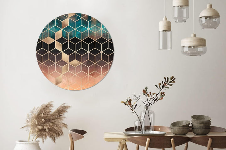 Wandbild Rund Wanddeko Deko Wohnzimmer Bilder 90x90 cm Abstrakt - Würfel - Gold - Muster - Luxus, 90