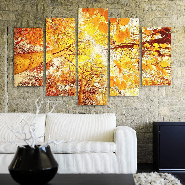 Bilder 5 Teilig Landschaft Deco Panel Kunst Herbst Bäume Blätter orange 100x70 cm Deco panel 100x70