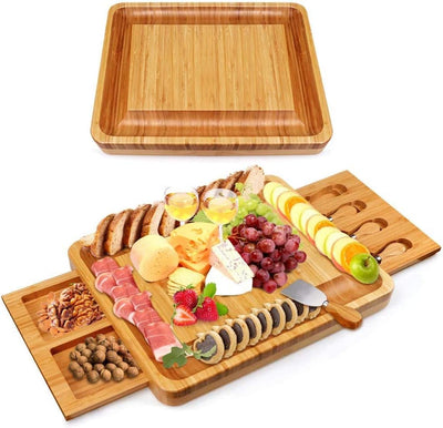 Bambus Käsebrett mit Käsewerkzeugen, Käseplatte Charcuterie-Brett-Platten-Set Serviertablett für Wei