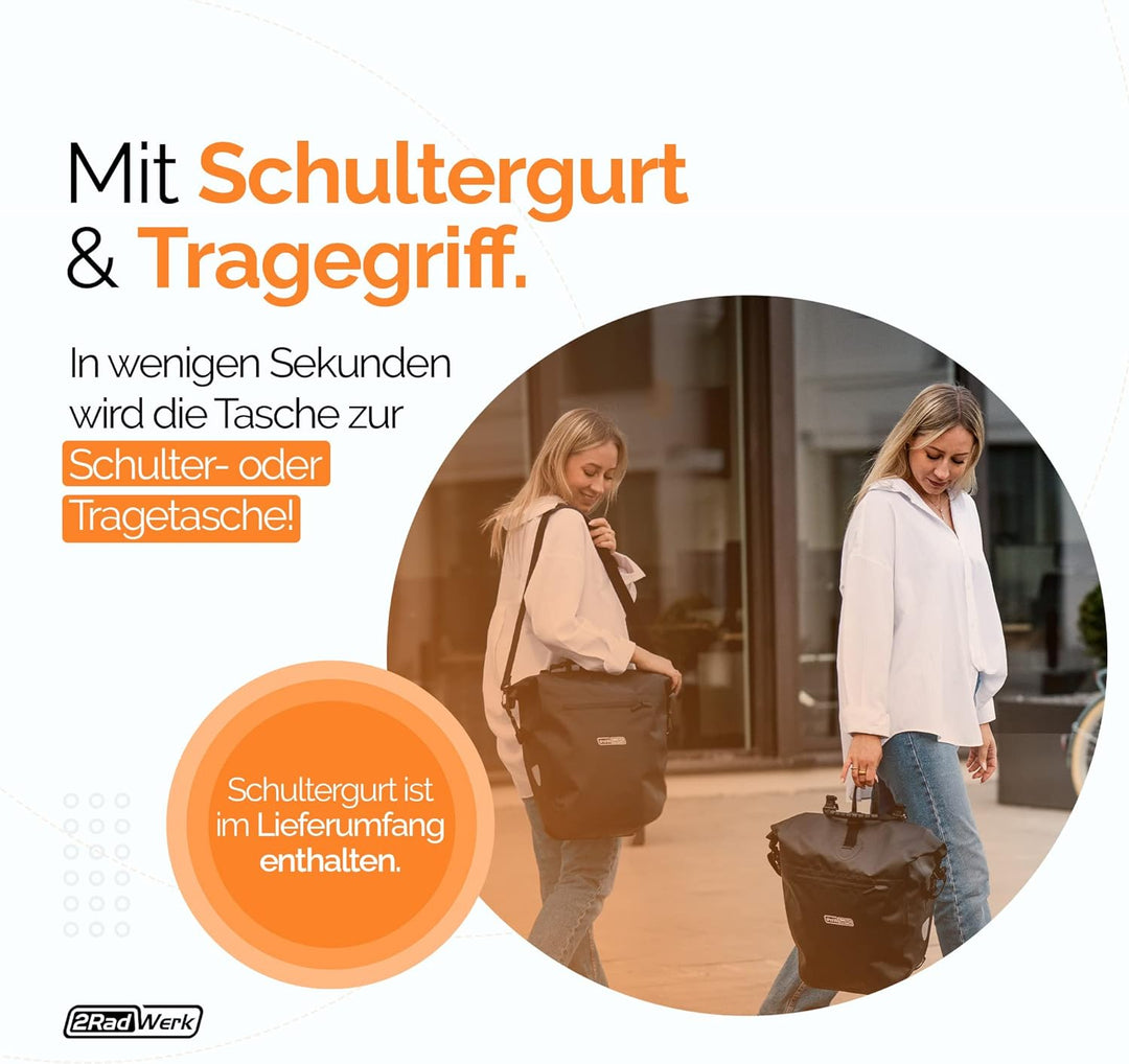 2Radwerk Fahrradtasche für Gepäckträger 25.4 l , 100% Wasserdicht , mit Tragegriff und Schultergurt
