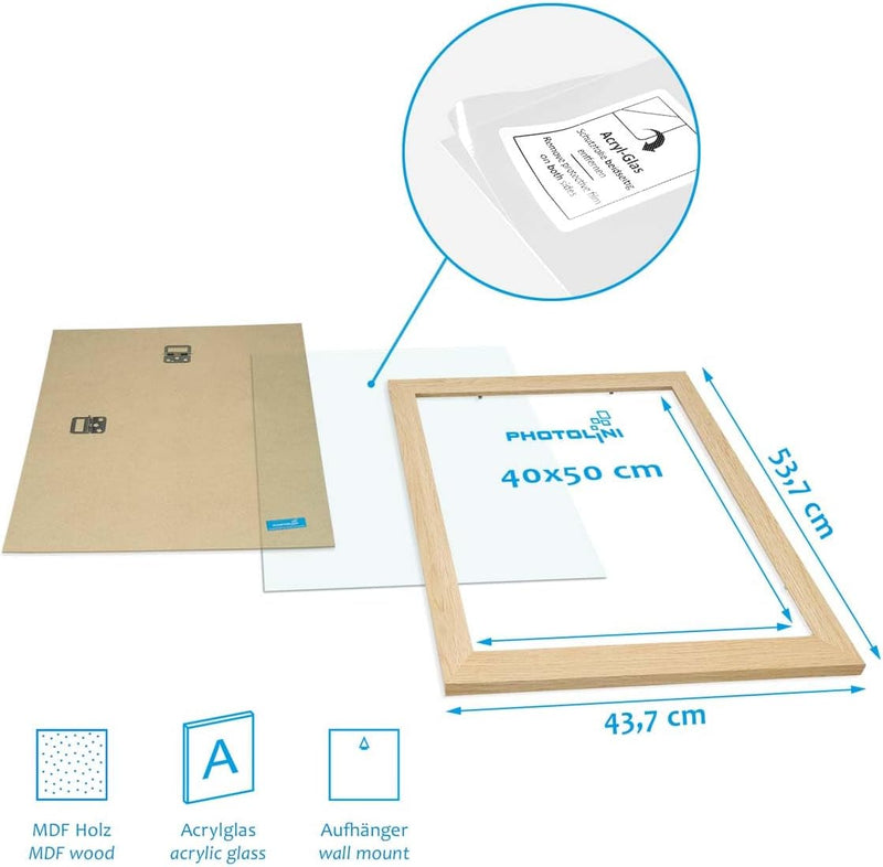PHOTOLINI Bilderrahmen 40x50 cm MDF-Holz Natur, breite Rahmen, 3er Set, modern, bruchsicheres Acrylg