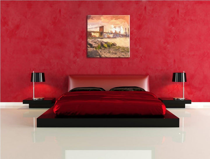 schöne Brooklyn Bridge, Format: 70x70 auf Leinwand, XXL riesige Bilder fertig gerahmt mit Keilrahmen