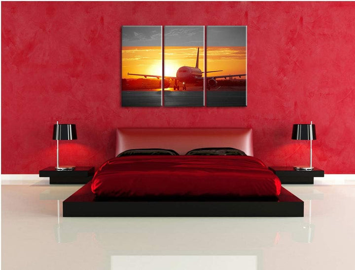 Pixxprint Flugzeug im Sonnenuntergang 3Teiler 120x80 cm Leinwandbild Wandbild Kunstdruck