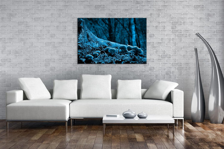 deyoli Pilze am Baumstamm Format 100x70 Effekt: Monocrome Blau als Leinwandbild, Motiv fertig gerahm