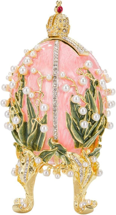 danila-souvenirs Fabergé-Stil Ei mit Fotorahmen Maiglöckchen mit Kaiserkrone 19cm rosa