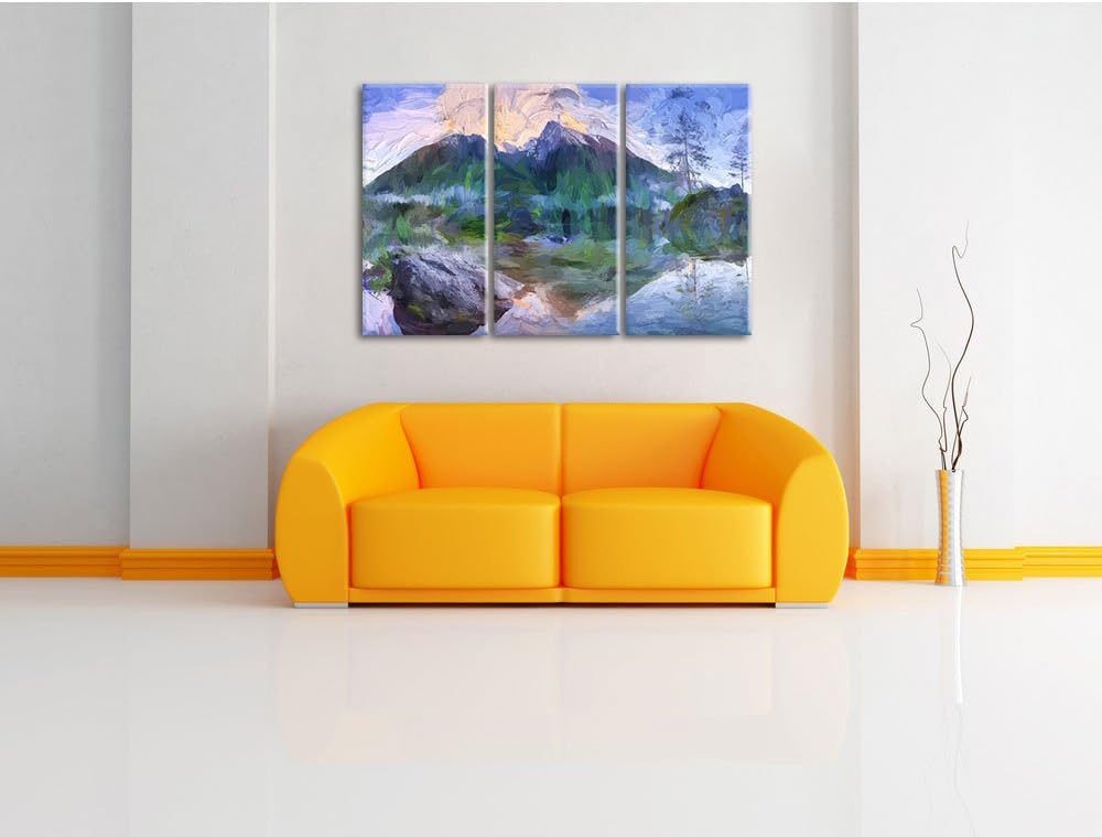 Pixxprint Sonnenaufgang am Hintersee Kunst / 3-Teilig/Gesamtmass 120cm Leinwandbild bespannt auf Hol