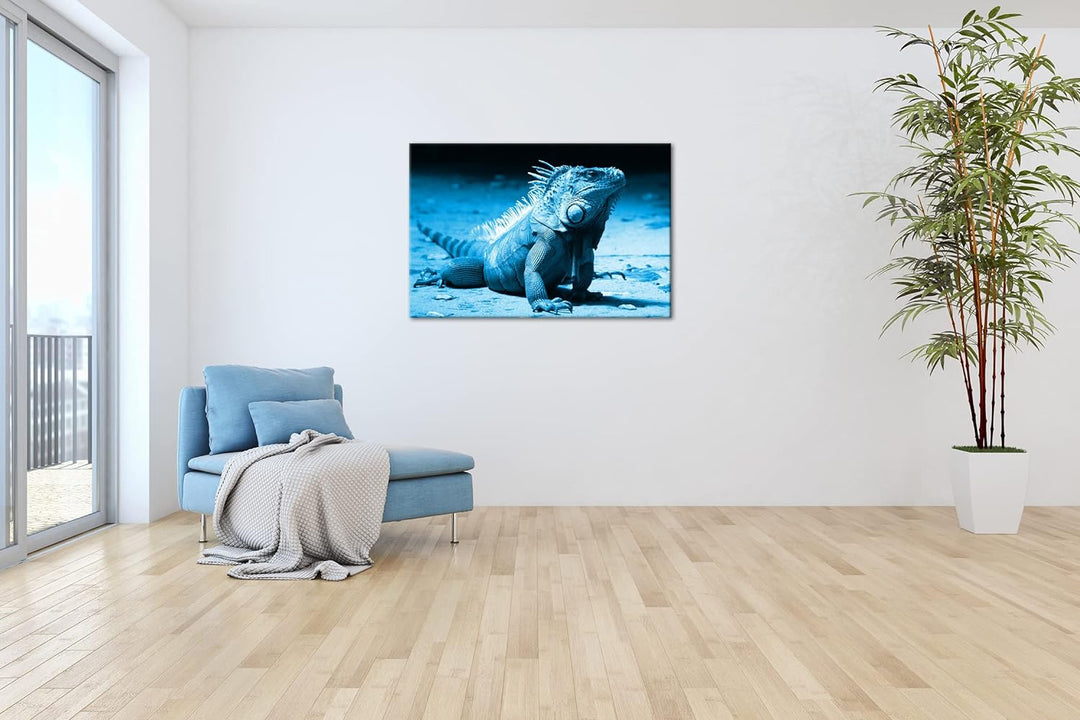 deyoli edler grüner Leguan Format: 80x60 Effekt: Monocrome Blau als Leinwand, Motiv fertig gerahmt a