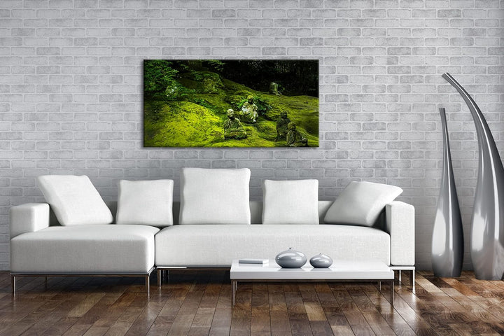 mit Moos bedeckte Buddha-Statuen Panorama 80x40 cm als Leinwandbild, Motiv fertig gerahmt auf Echtho