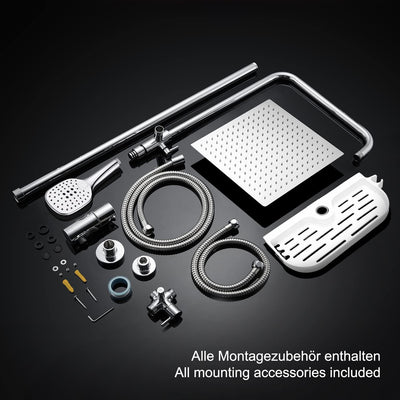 JOHO Edelstahl Regendusche Duschsystem Duschset Duschstange mit Ablage Chrom(Kopfbrause 25x25cm) 252