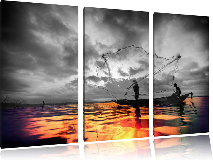 Angler angeln mit grossem Fangnetz auf See schwarz/weiss 3-Teiler Leinwandbild 120x80 Bild auf Leinw
